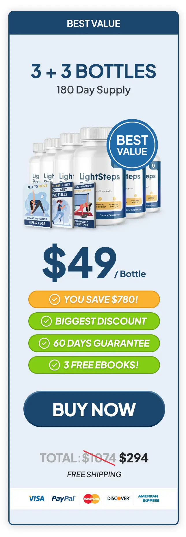 LightSteps Pro 6 bottle best value package — free US shipping and 3 free bonuses